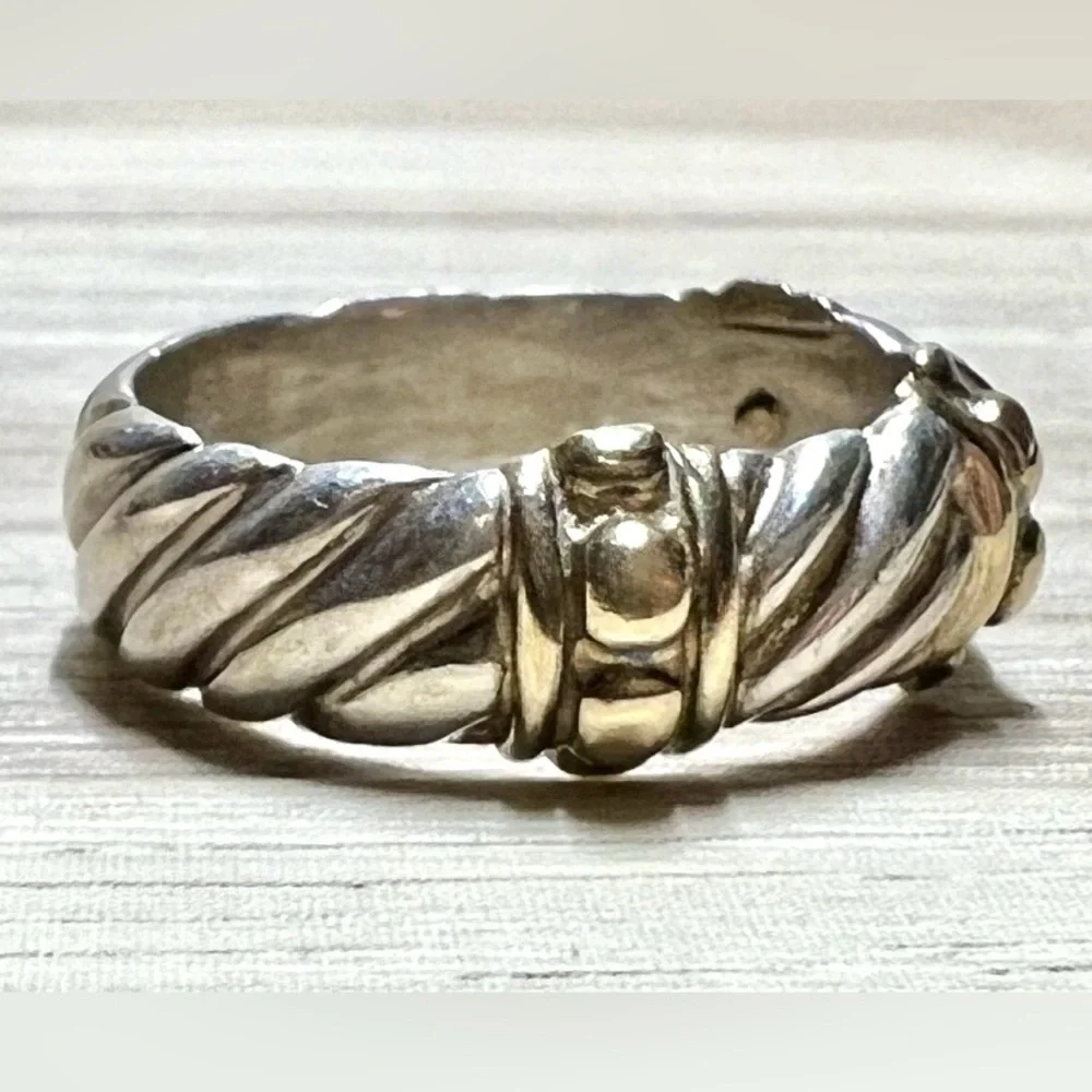 Designer Signed Sterling Silver & 10K Yellow Gold Dotted Cable Ring, Size 6.5